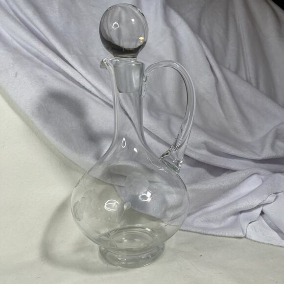 Etched Glass Elegant Cruet Bottle with Pour Spout, Handle & Heavy Ball Stopper - Picture 1 of 10